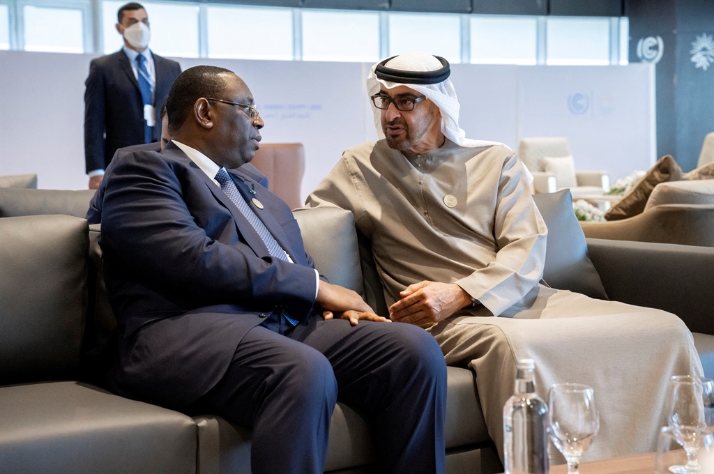 United Arab Emirates President Sheikh Mohammed bin Zayed al-Nahyan meets with Senegal's President Macky Sall, during the Cop27 summit at Sharm el-Sheikh, Egypt