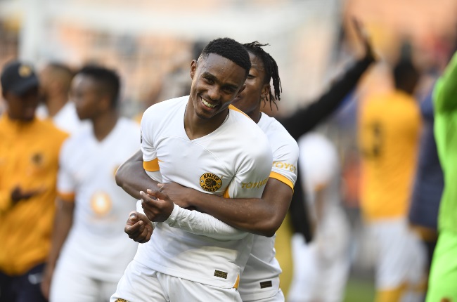 Kgaogelo Sekgota of Kaizer Chiefs and Njabulo Blom during the DStv Premiership match between Orlando Pirates and Kaizer Chiefs at FNB Stadium.