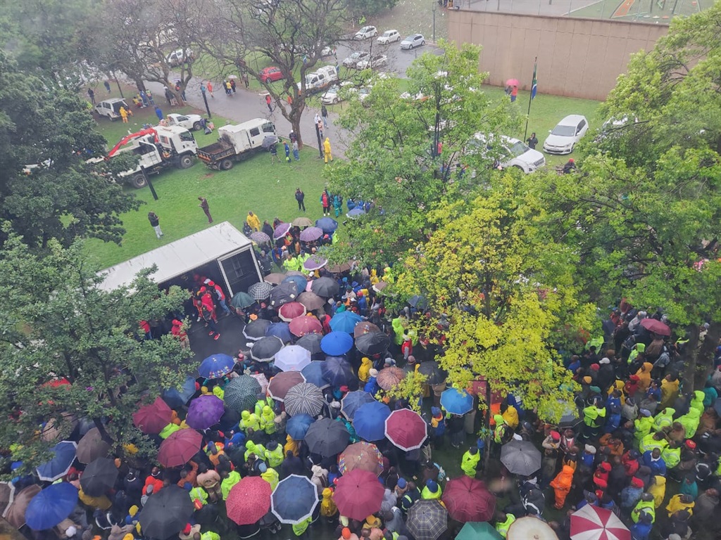 Striking municipal workers as seen from the Johannesburg council chamber on Friday.