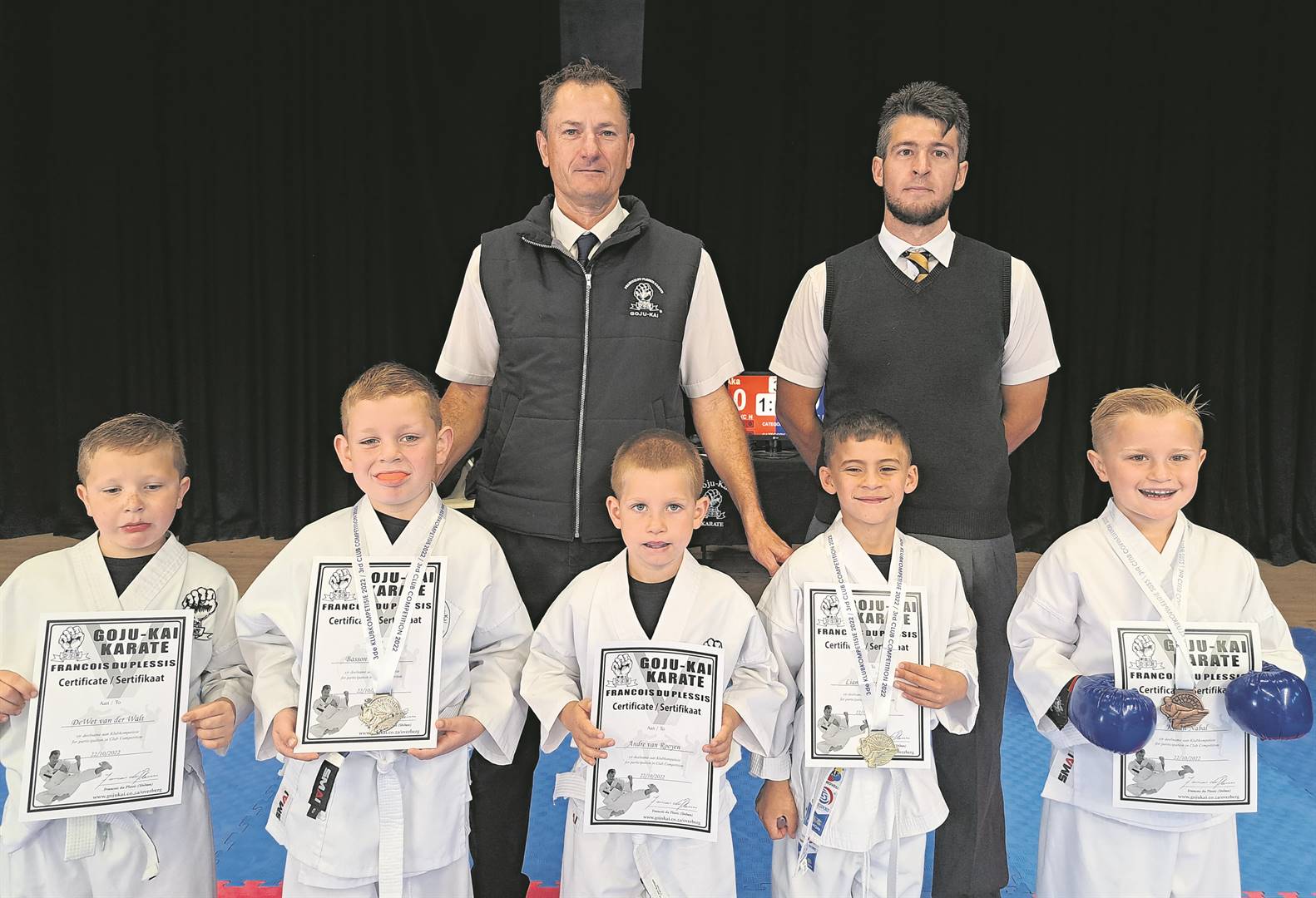 The Overberg Goju-Kai Karate Club celebrated a successful year as their karatekas are enjoying participating in competitions again. The third and final competition for the year was held last month (October), with more than 100 entries were received. This competition was also the start of the selection process for Goju-Kai National Championships for next year. Locals who competed (behind, from left) are Shihan Francois du Plessis and Sensei Louis Schultz with (front) DeWet van der Walt, Basson Hougaard, Andre van Rooyen, Liam Opperman (Stellenbosch) and Kiaan Nabal (Durbanville). 