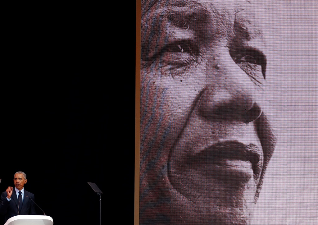 Former US President Barack Obama delivers the 16th Nelson Mandela annual lecture. Picture: Siphiwe Sibeko/Reuters 