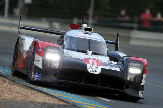 The #08 Toyota Gazoo Racing TS050 Hybrid of Sebastien Buemi, Kazuki Nakajima, and Brendon Hartley in action at the Circuit de la Sarthe on September 19, 2020 in Le Mans, France. (Photo by James Moy Photography/Getty Images)