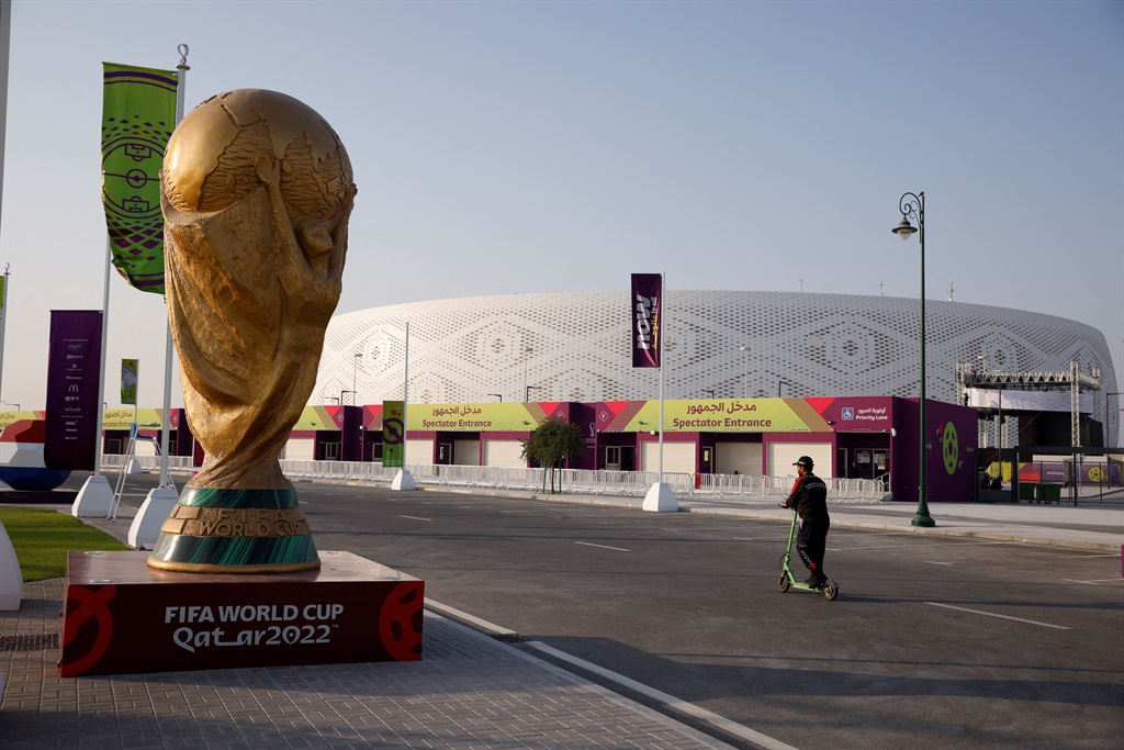 General view of a replica World Cup trophy outside the Al Thumama Stadium in Doha, Qatar. Photo: John Sibley/Reuters