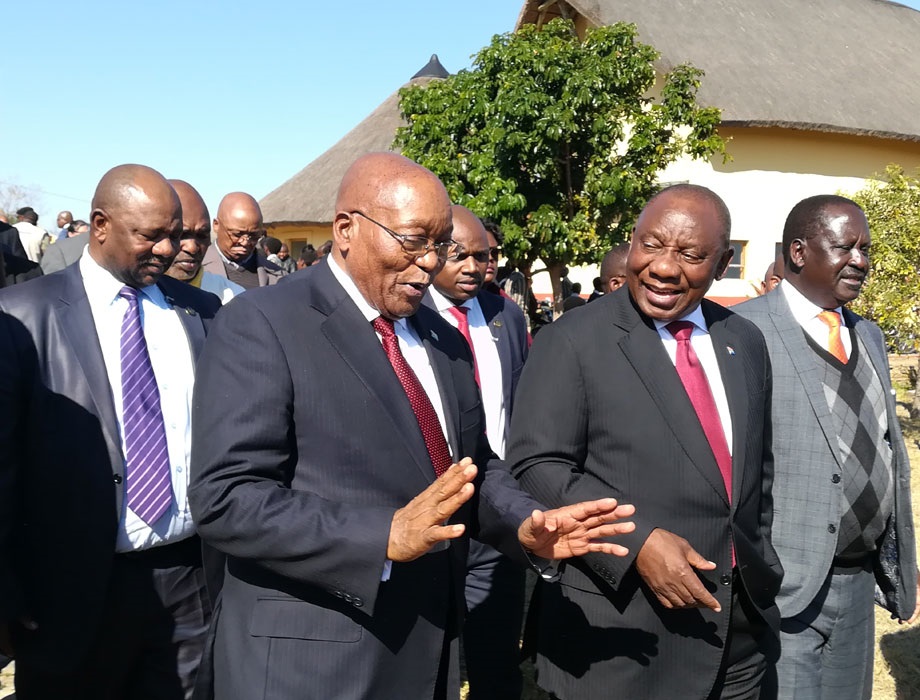 Former president Jacob Zuma and his successor, President Cyril Ramaphosa, chat during the centenary celebrations in Mvezo, where late former president Nelson Mandela was born 100 years ago. They are with former Kenyan president Raila Odinga. Picture. Lubabalo Ngcukana/City Press