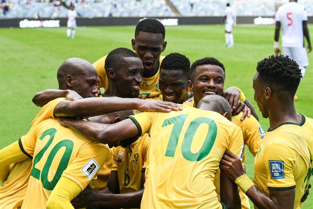DURBAN, SOUTH AFRICA - NOVEMBER 18: SA celebrate the second goal by Khuliso Mudau of South Africa during the 2026 FIFA World Cup, Qualifier match between South Africa and Benin at Moses Mabhida Stadium on November 18, 2023 in Durban, South Africa. (Photo by Darren Stewart/Gallo Images),