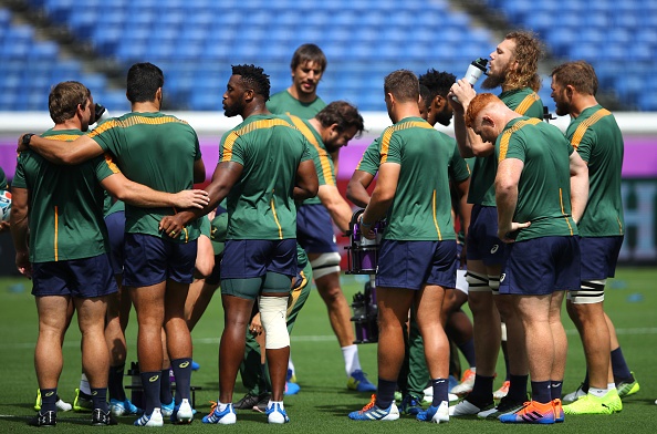 The South African team train during the South Africa Captains Run ahead of the Rugby World Cup pool B match between New Zealand and South Africa at the International Stadium Yokohama on September 20, 2019 in Yokohama, Kanagawa, Japan. (Photo by Warren Little - World Rugby/World Rugby