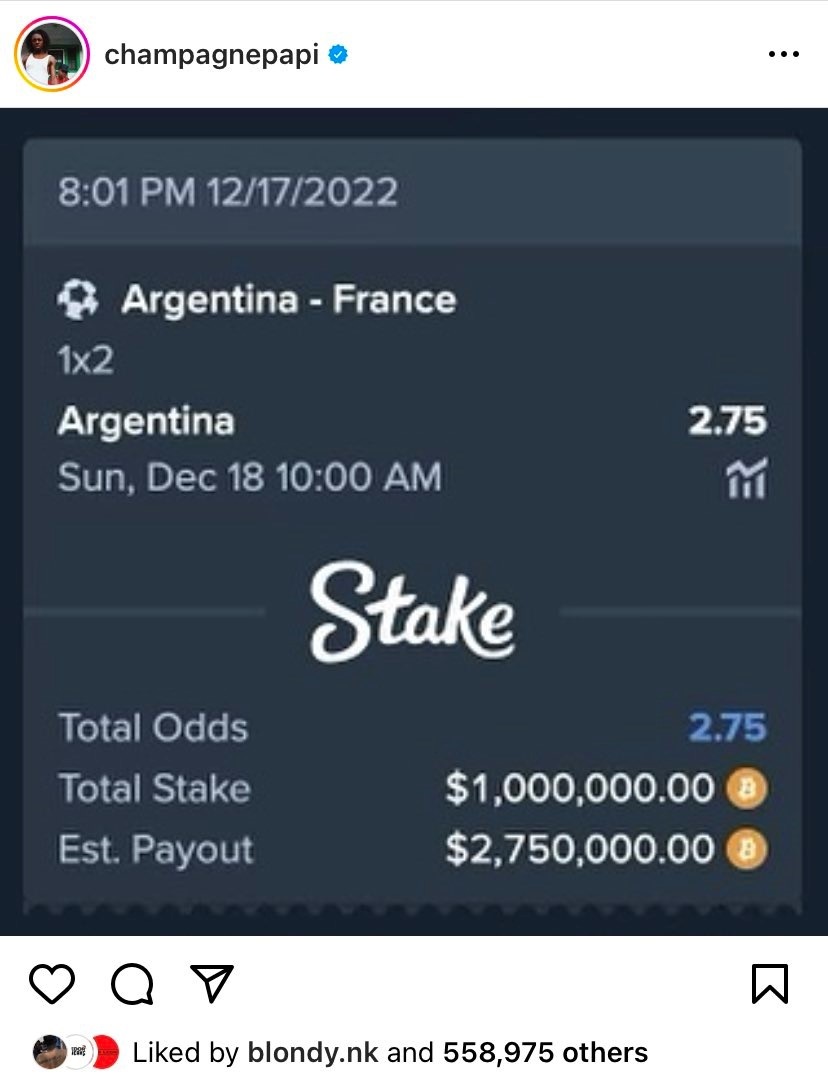 Drake placed a R17.6 million bet on Argentina winn