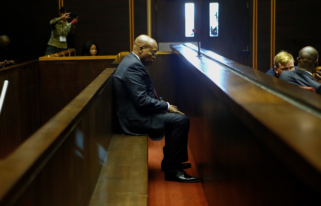 Jacob Zuma appears in the Pietermaritzburg High Court on Friday (July 27 2018). Zuma faces 16 charges of corruption, fraud, money laundering and racketeering relating to 783 payments which he allegedly received in connection with the controversial multibillion-rand arms deal. The case has been adjourned until November 30. Picture: Phil Magakoe/EPA
