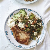 Pork chops with grain  and grape salad  