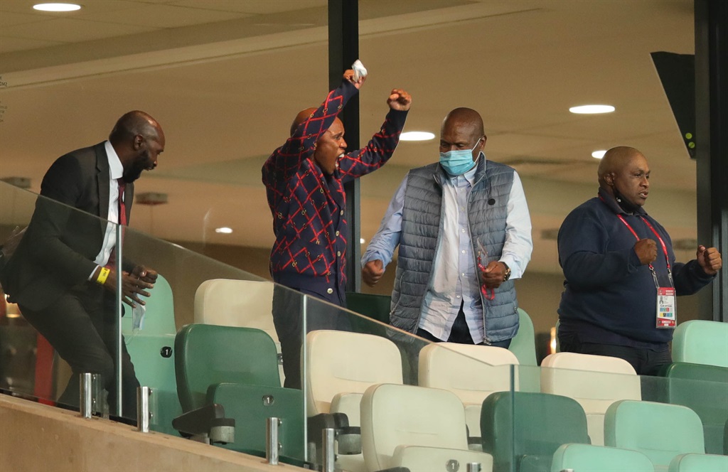 Mpumi Khoza, Screamer Tshabalala and Floyd Mbele celebrate a victory during the 2020 MTN8 final match between Bloemfontein Celtic and Orlando Pirates at Moses Mabhida Stadium, Durban, on 12 December 2020 