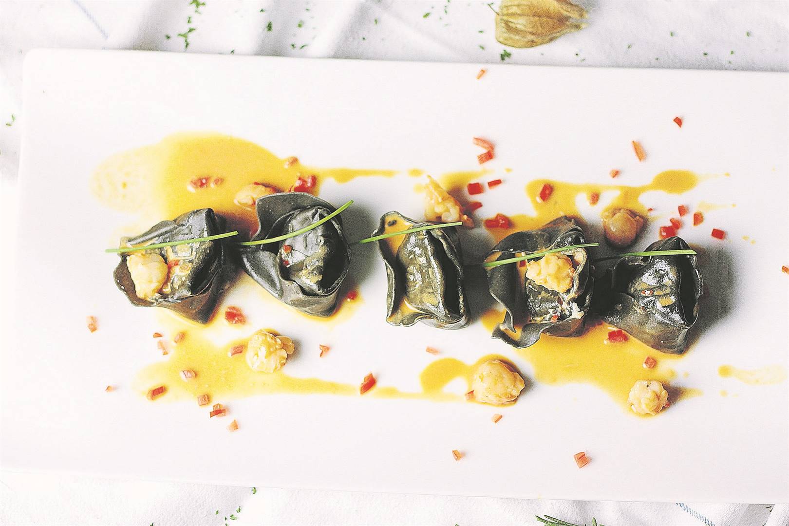 Charne Wylie’s squid ink tortellini with prawn mousse.             