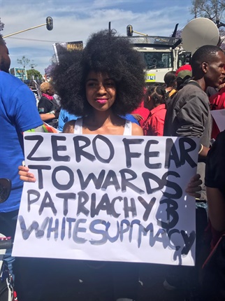 <em>Young activist Zulaikha Patel is outside the Pretoria Magistrate's Court to lend her support. (Canny Maphanga, News24)</em>