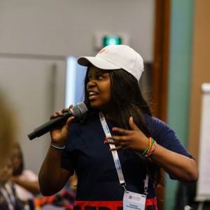Ananelang Tumi Motumi (26) speaks at the World AIDS Conference 2018 in Amsterdam.