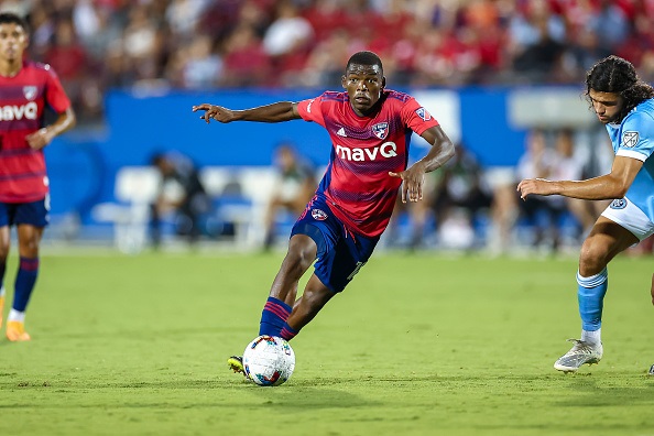 FRISCO, TX - JULY 13: FC Dallas forward Tsiki Ntsabeleng (#16) dribbles up field during the MLS soccer game between FC Dallas and New York City FC on July 13, 2022 at Toyota Stadium in Frisco, TX. (Photo by  Matthew Visinsky/Icon Sportswire via Getty Images)