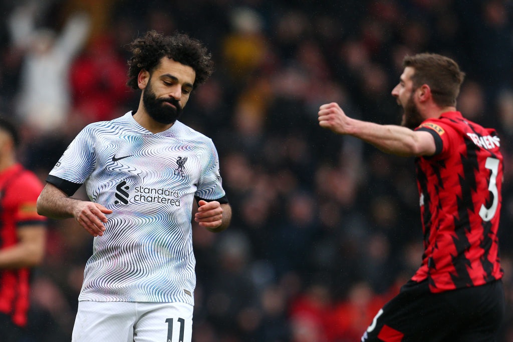 BOURNEMOUTH, ENGLAND - MARCH 11: Mohamed Salah of Liverpool reacts after missing a penalty kick during the Premier League match between AFC Bournemouth and Liverpool FC at Vitality Stadium on March 11, 2023 in Bournemouth, England. (Photo by Charlie Crowhurst/Getty Images)