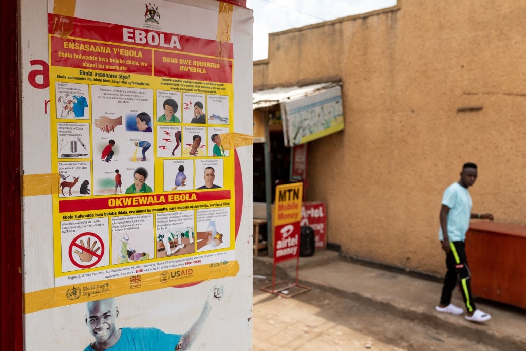 Ebola prevention signage seen on 14 October 2022 in Mubende, Uganda. 