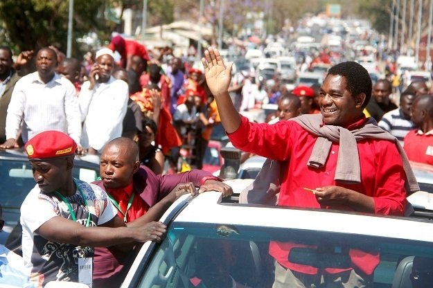 Zambian opposition leader Hakainde Hichilema waves at his supporters after being released from prison in 2017.