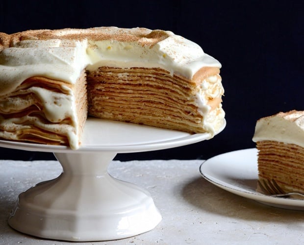 a stacked milk tart pancake cake