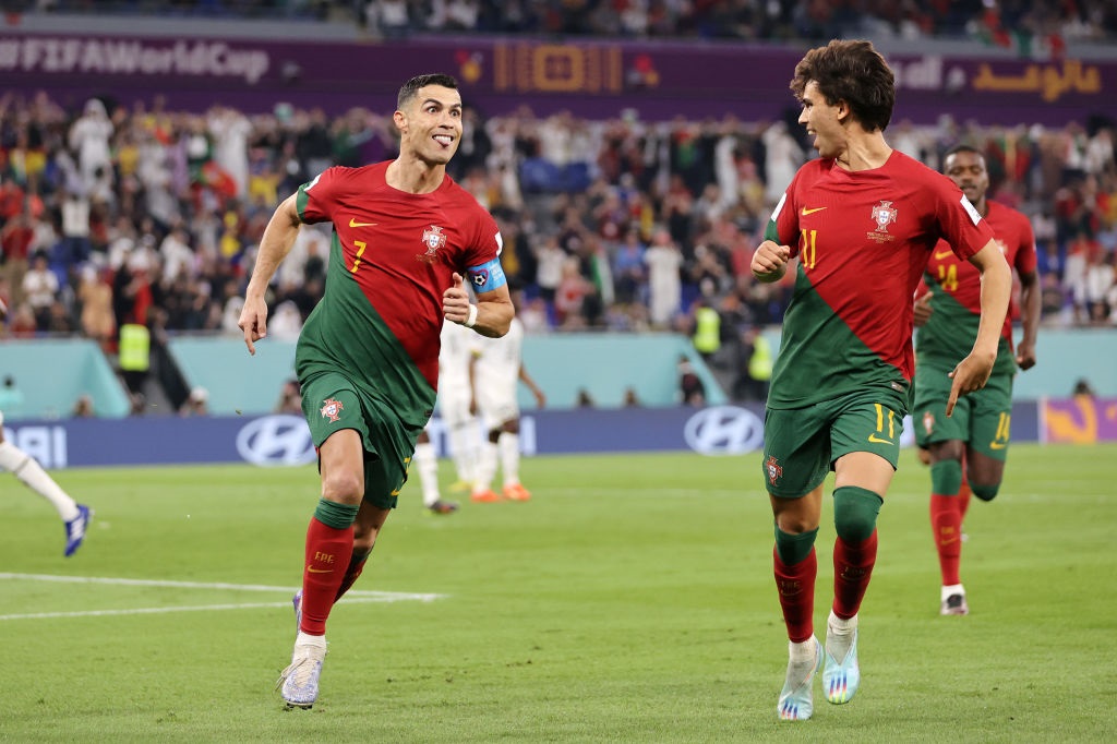 Rafael Leão celebrating during the FIFA World Cup Qatar 2022 Group H match  between Portugal and Ghana at Stadium 974 on November 24, 2022 in Doha,  Qatar. (Photo by Clive Brunskill/Getty Images)