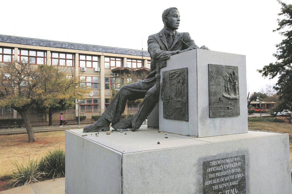 The Sol Plaatje statue at the municipal building in Kimberley, on the site of his printing works