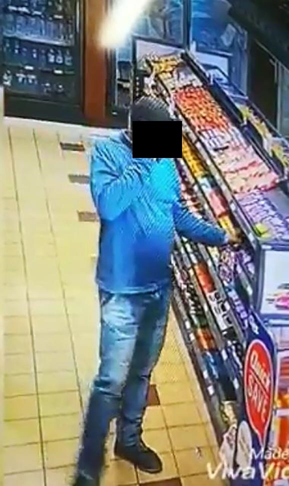 Screengrabs from the two videos show a man stealing chocolates at an Engen garage. The man returns the next day, wearing different clothes, to steal again.