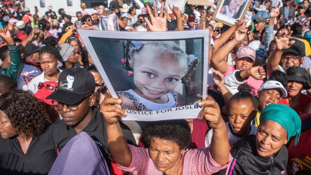 A huge crowd gathered outside court during the Joshlin Smith disappearance case at Vredenburg Magistrate's Court on 7 March 2024 in Vredenburg. (Brenton Geach/Gallo Images)