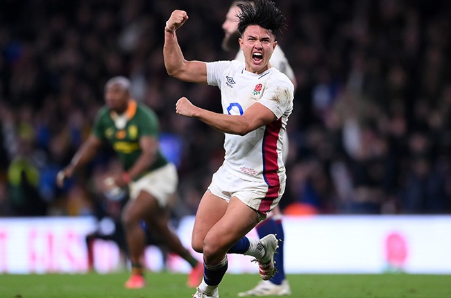 England flyhalf Marcus Smith celebrates against the Springboks. (Photo by Laurence Griffiths/Getty Images)