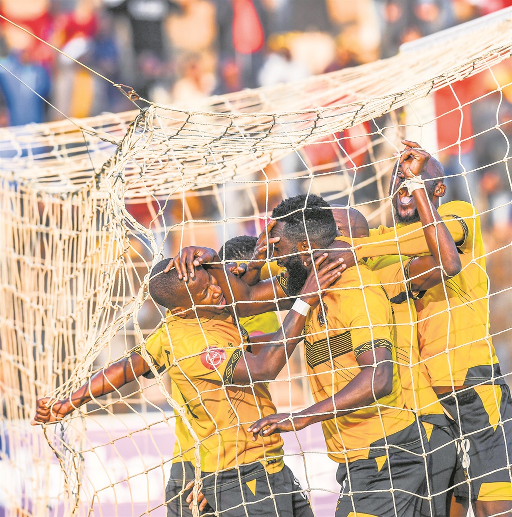 Black Leopards players celebrate one of their goals since coming back to the PSL.    Photo by Gallo Images