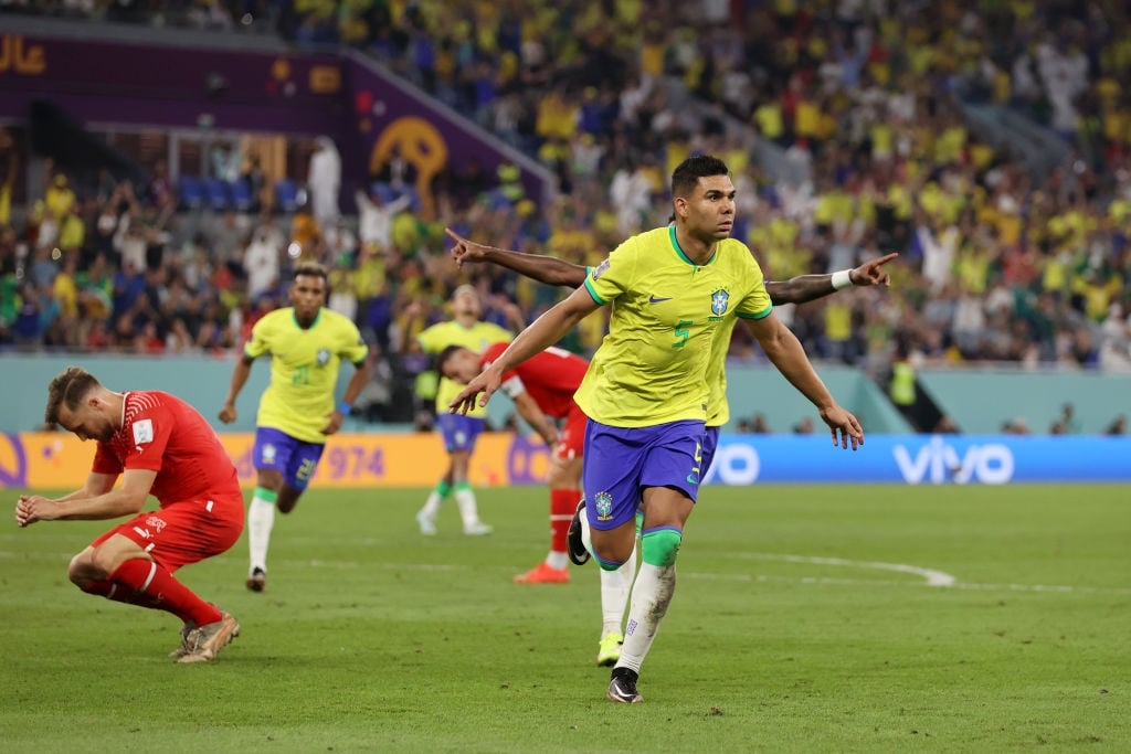 DOHA, QATAR - NOVEMBER 28: Casemiro of Brazil celebrates after scoring their teams first goal during the FIFA World Cup Qatar 2022 Group G match between Brazil and Switzerland at Stadium 974 on November 28, 2022 in Doha, Qatar. (Photo by Clive Brunskill/Getty Images)