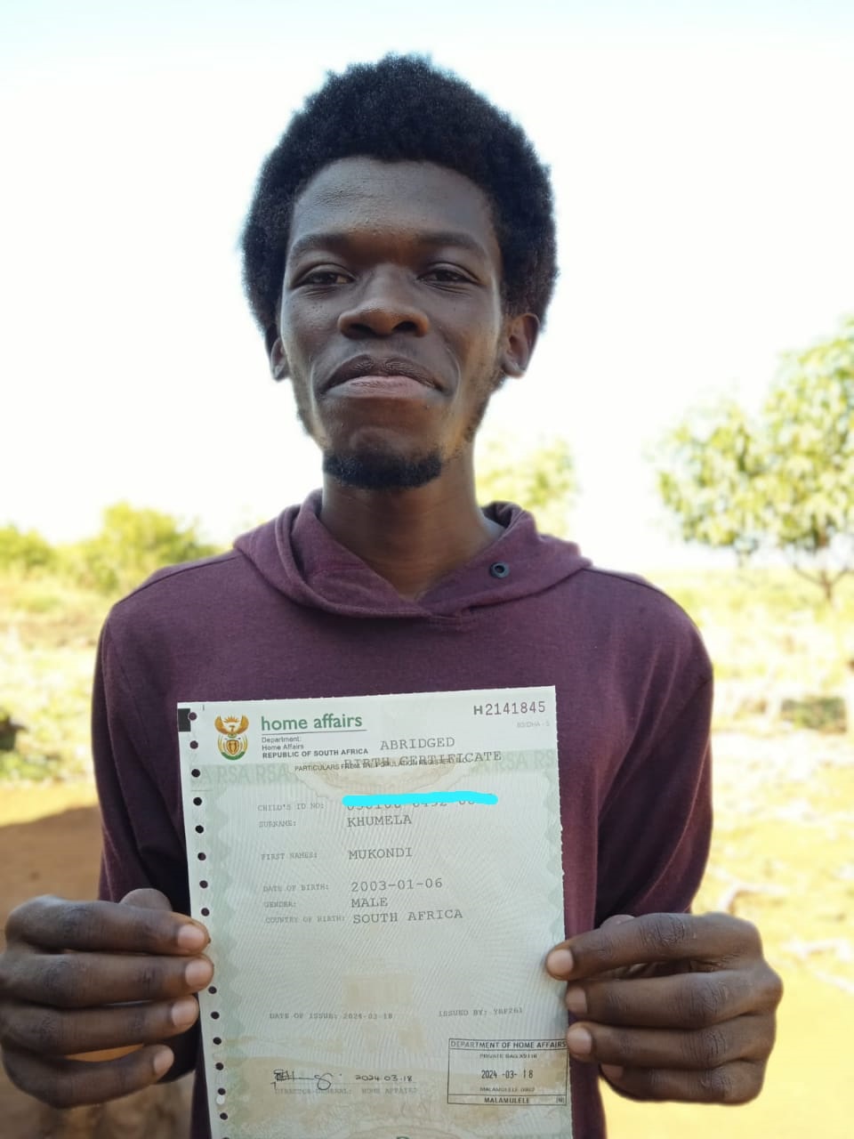 Mukondi Khumela, who has finally obtained his long-awaited birth certificate.