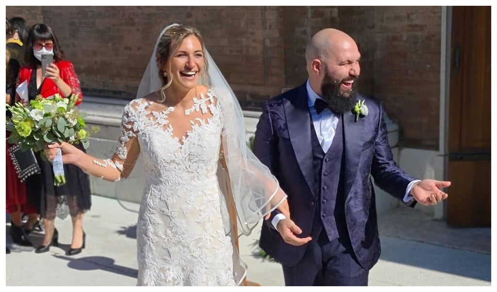 The newlyweds Gulia Fabbiani and Jacopo Catellani who had a wedding in three rounds because of Covid guests restrictions. Image courtesy Newsflash