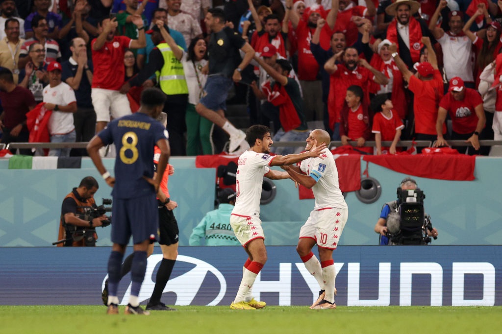 AL RAYYAN, QATAR - NOVEMBER 30: Wahbi Khazri of Tunisia celebrates after scoring their teams first goal during the FIFA World Cup Qatar 2022 Group D match between Tunisia and France at Education City Stadium on November 30, 2022 in Al Rayyan, Qatar. (Photo by Elsa/Getty Images)