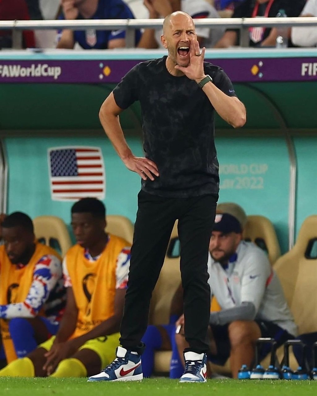 US Coach Gregg Berhalter styling in custom Nike Tiempo Air Jordan 1's.