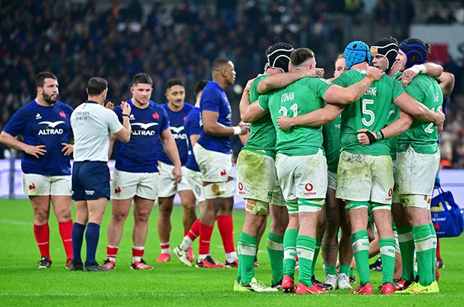 Ireland celebrate one of their tries in their big win over France in Marseille as the hosts were left shellshocked. 
Image: Christian Liewig-Corbis/Getty Images