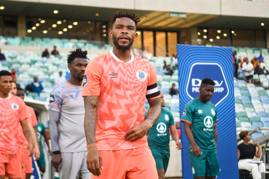 Thulani Hlatshwayo, captain of Supersport United during the DStv Premiership match between AmaZulu FC and SuperSport United at Moses Mabhida Stadium.