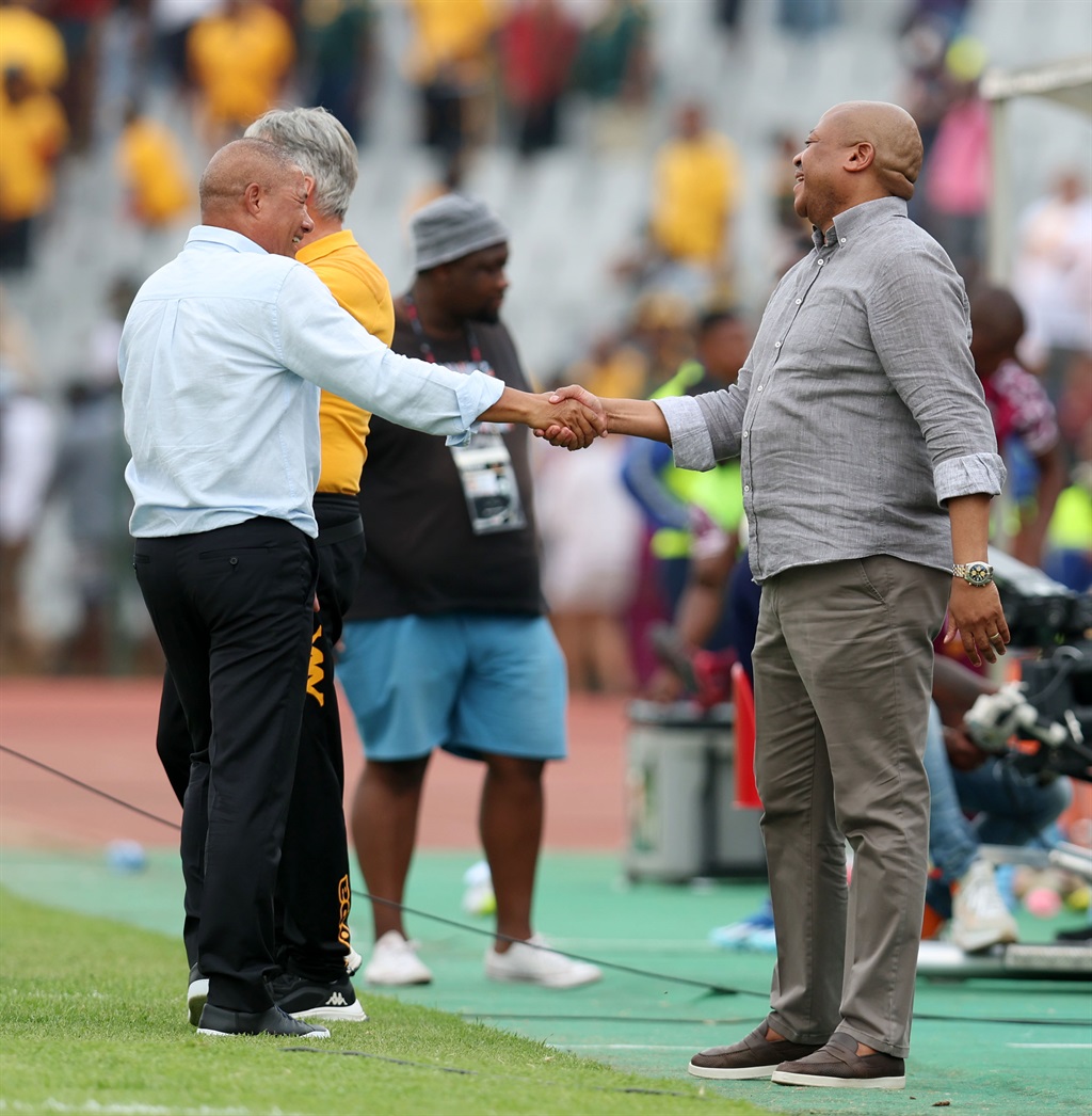 Bobby Motaung celebrates victory with Cavin Johnson, coach of Kaizer Chiefs during the DStv Premiership 2023/24 match between Swallows and Kaizer Chiefs at the Dobsonville Stadium, Soweto on 26 November 2023 