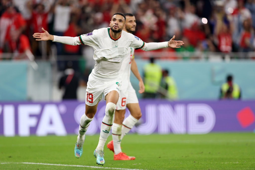DOHA, QATAR - DECEMBER 01: Youssef En-Nesyri of Morocco celebrates after scoring the teams third goal later ruled offside during the FIFA World Cup Qatar 2022 Group F match between Canada and Morocco at Al Thumama Stadium on December 01, 2022 in Doha, Qatar. (Photo by Richard Heathcote/Getty Images)