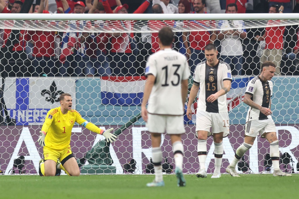 AL KHOR, QATAR - DECEMBER 01: Manuel Neuer of Germany reacts after Costa Rica scored their sides first goal during the FIFA World Cup Qatar 2022 Group E match between Costa Rica and Germany at Al Bayt Stadium on December 01, 2022 in Al Khor, Qatar. (Photo by Alexander Hassenstein/Getty Images)