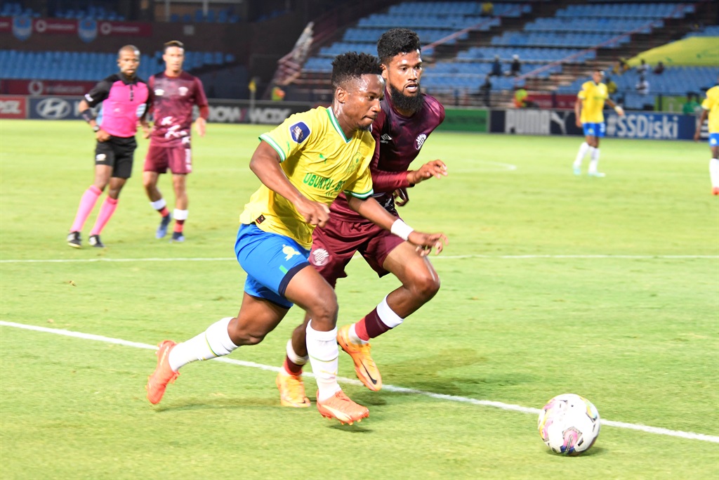 PRETORIA, SOUTH AFRICA - JANUARY 03: Cassius Mailula of Mamelodi Sundowns and Yagan Sasman of Swallows FC during the DStv Premiership match between Mamelodi Sundowns and Swallows FC at Loftus Versfeld Stadium on January 03, 2023 in Pretoria, South Africa. (Photo by Lefty Shivambu/Gallo Images)