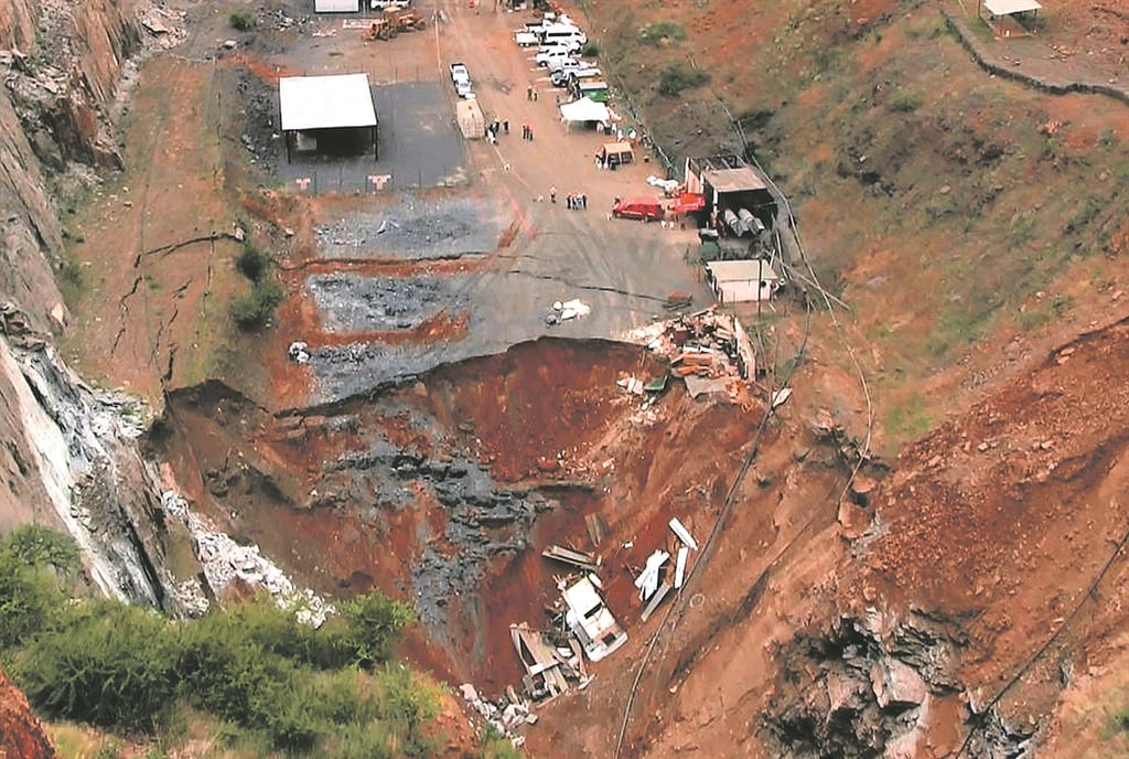 TRAGEDY Scenes of the collapsed mine show the extent of the damage, as well as the rescue operations that were under way at Lily mine in Barberton in February 2016. The bodies of three workers, trapped underground, have yet to be retrieved. Picture: Vantage Goldfields