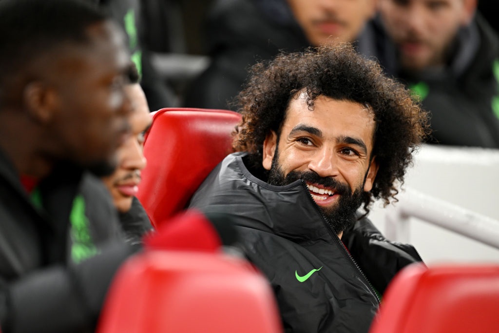 LIVERPOOL, ENGLAND - DECEMBER 20: Mohamed Salah of Liverpool reacts from the bench during the Carabao Cup Quarter Final match between Liverpool and West Ham United at Anfield on December 20, 2023 in Liverpool, England. (Photo by Michael Regan/Getty Images)