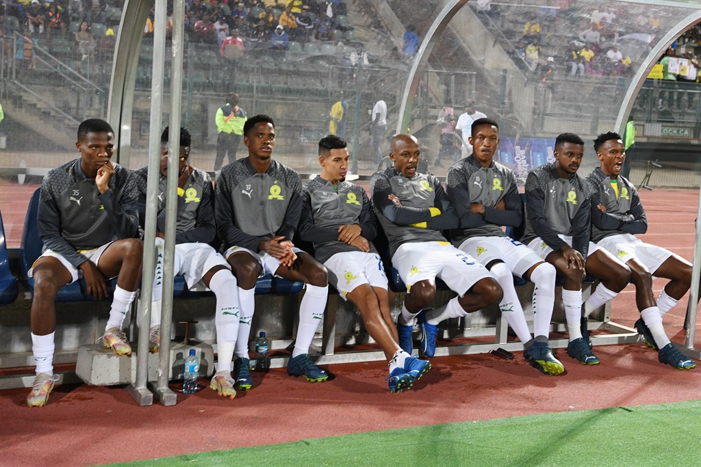 PRETORIA, SOUTH AFRICA - NOVEMBER 29:  Mamelodi Sundowns bench during the DStv Premiership match between SuperSport United and Mamelodi Sundowns at Lucas Masterpieces Moripe Stadium on November 29, 2023 in Pretoria, South Africa. (Photo by Lefty Shivambu/Gallo Images)