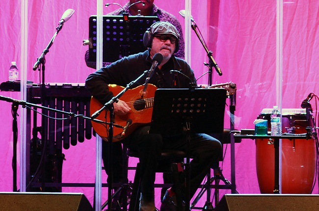 Cuban singer and guitarist Silvio Rodriguez performs on stage at Comunist Party PCE Festivities at Auditorio Miguel Rios on September 26, 2021 in Rivas-Vaciamadrid, Spain.