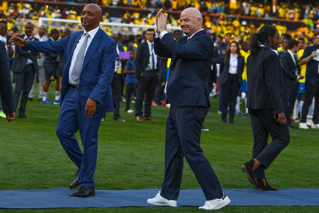 PRETORIA, SOUTH AFRICA - NOVEMBER 12: CAF President Patrice Motsepe and FIFA President Gianni Infantino during the African Football League, Final - 2nd Leg match between Mamelodi Sundowns and Wydad AC at Loftus Versfeld on November 12, 2023 in Pretoria, South Africa. (Photo by Lefty Shivambu/Gallo Images)