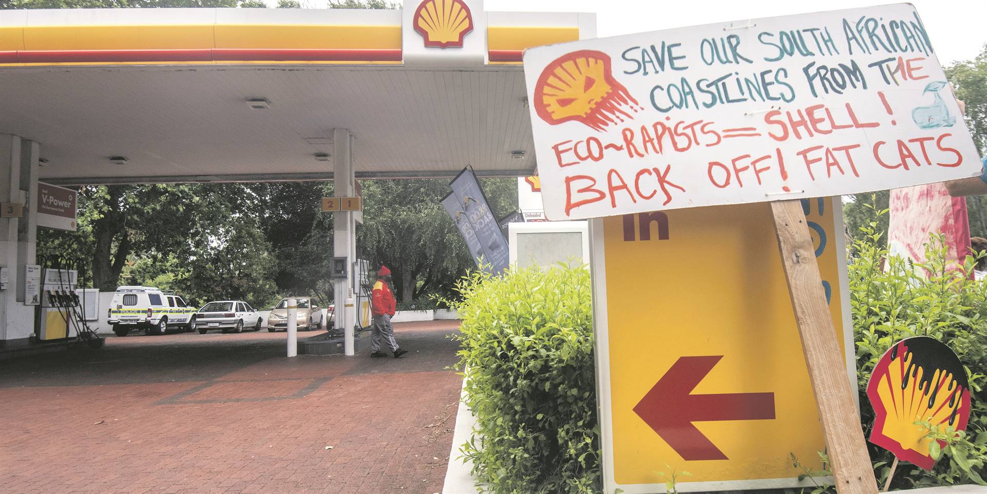 Activists protested on the M3 at the Shell garage in Newlands during protest action against the seismic survey commissioned by Shell along the West Coast of South Africa. The multinational oil giant, which is in a dispute with its BEE partner, may abandon the country. (Brenton Geach/Gallo images)