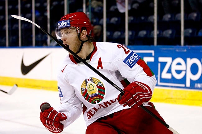 Konstantin Koltsov of Belarus celebrates against Switzerland at the IIHF World Ice Hockey Championship preliminary round in Quebec City on 5 May 2008. (Photo by Richard Wolowicz/Getty Images)