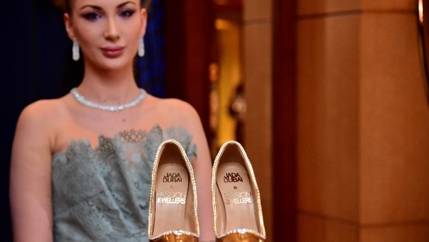 Maria Majari, designer of Jada Dubai, poses with the pricey shoes. PHOTO: Getty Images 