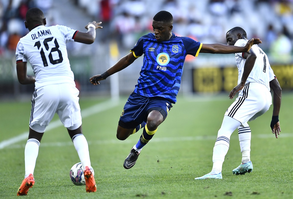 CAPE TOWN, SOUTH AFRICA - JANUARY 07: Fidel Ambina of CTCFC during the DStv Premiership match between Cape Town City FC and Orlando Pirates at DHL Stadium on January 07, 2023 in Cape Town, South Africa. (Photo by Ashley Vlotman/Gallo Images)