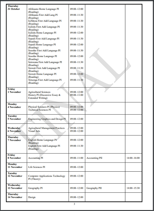 IEB exam timetable 2019 
