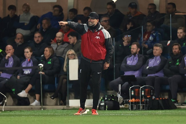 Liverpool manager Jurgen Klopp reacts during the Europa League quarter-final second leg against Atalanta at Stadio di Bergamo in Bergamo on 18 April 2024. (Jonathan Moscrop/Getty Images)